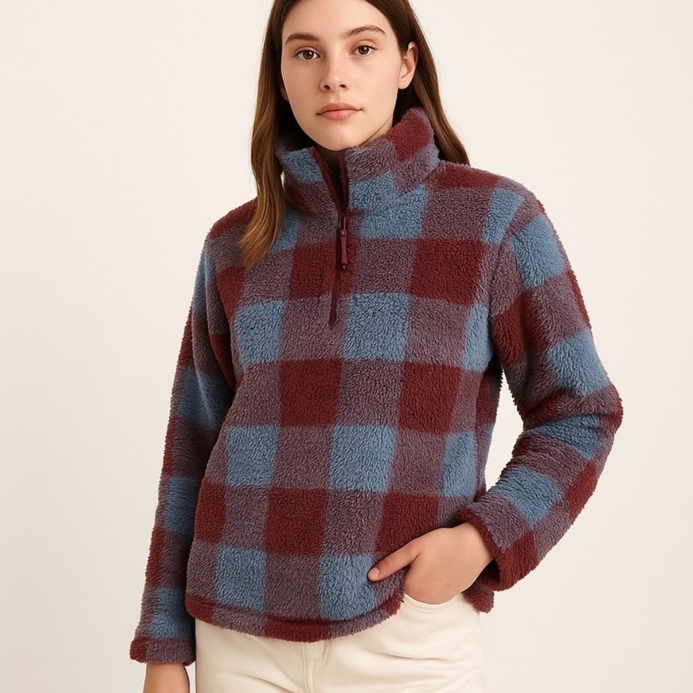 Eddie Bauer 1/4 Zip Pullover Burgundy and Blue Checkered Fleece Jacket Medium